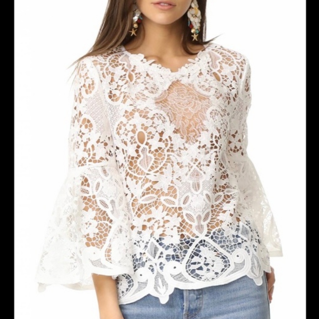 Kobi Halperin White Embroidered Guipure Lace Blouse Lantern Sleeve Euc M